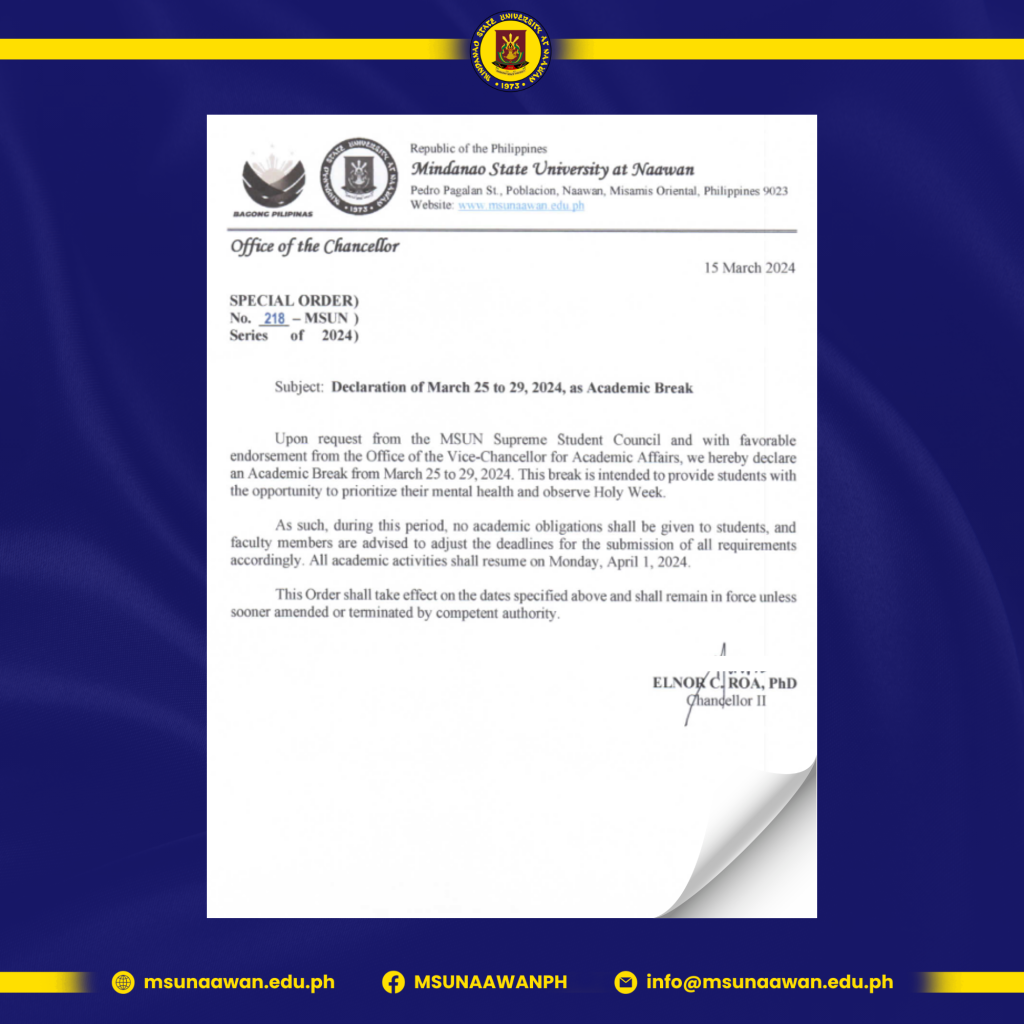 Declaration of March 25 to 29, 2024, as Academic Break