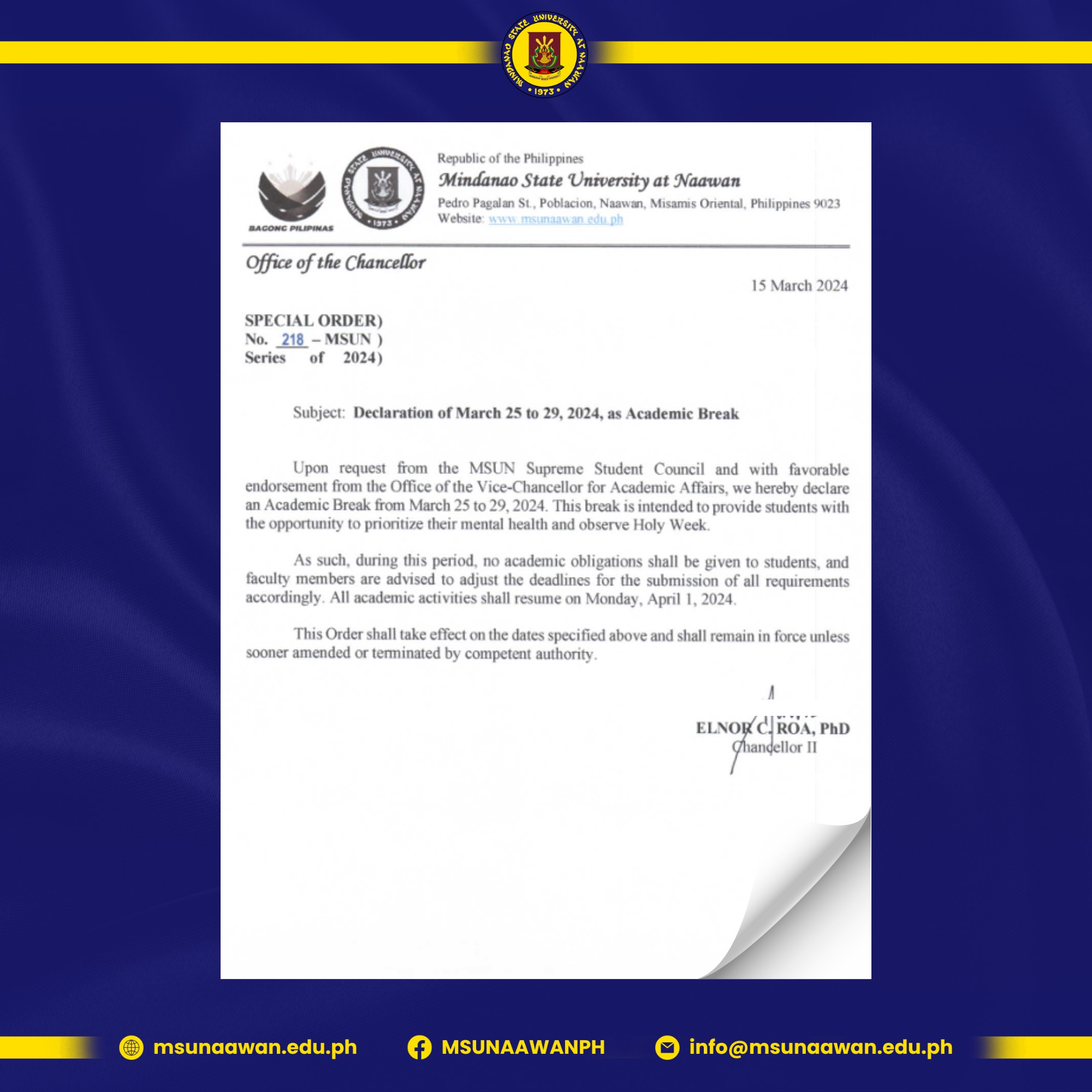Declaration of March 25 to 29, 2024, as Academic Break