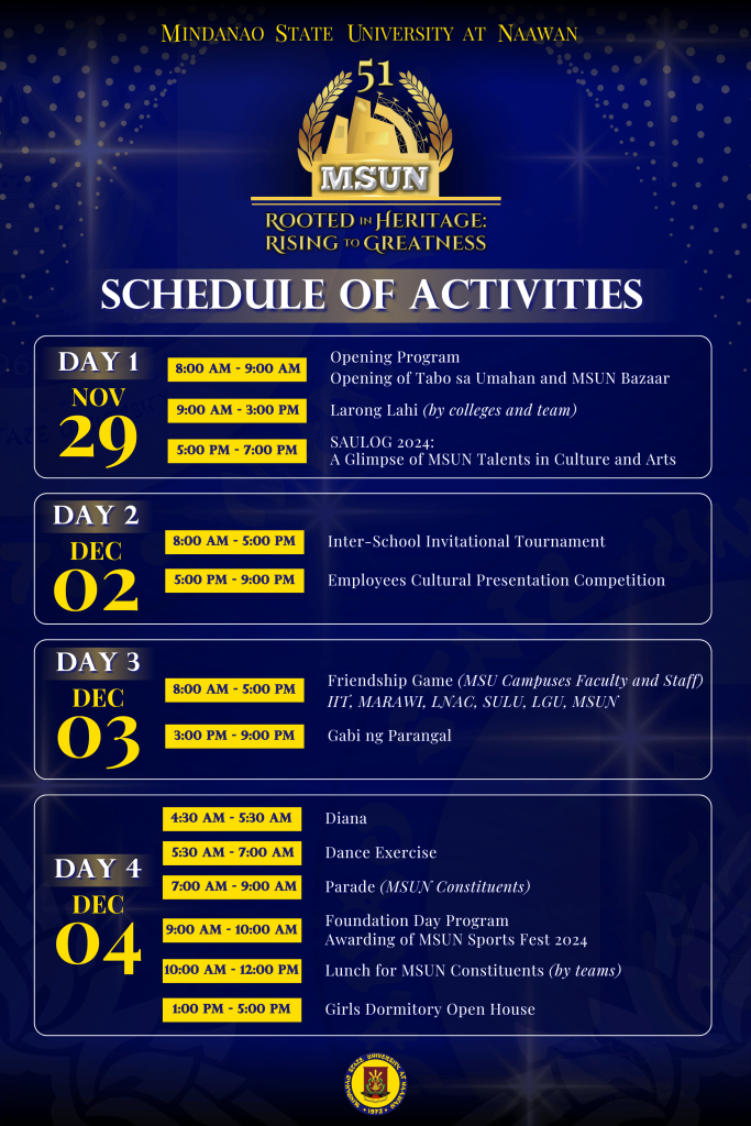 Schedule of Activities for 51st Anniversary of MSUN