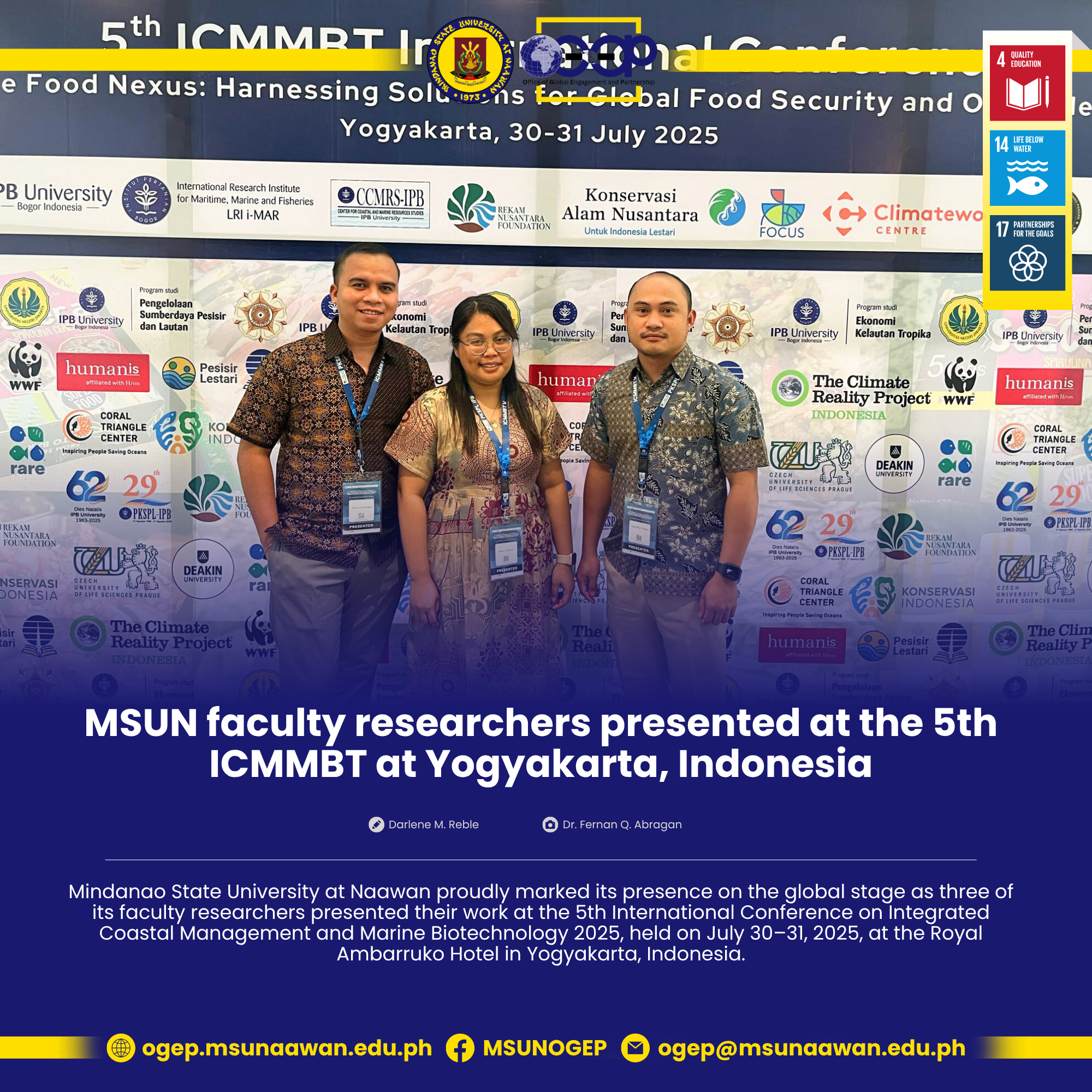 MSUN faculty researchers presented at the 5th ICMMBT at Yogyakarta, Indonesia