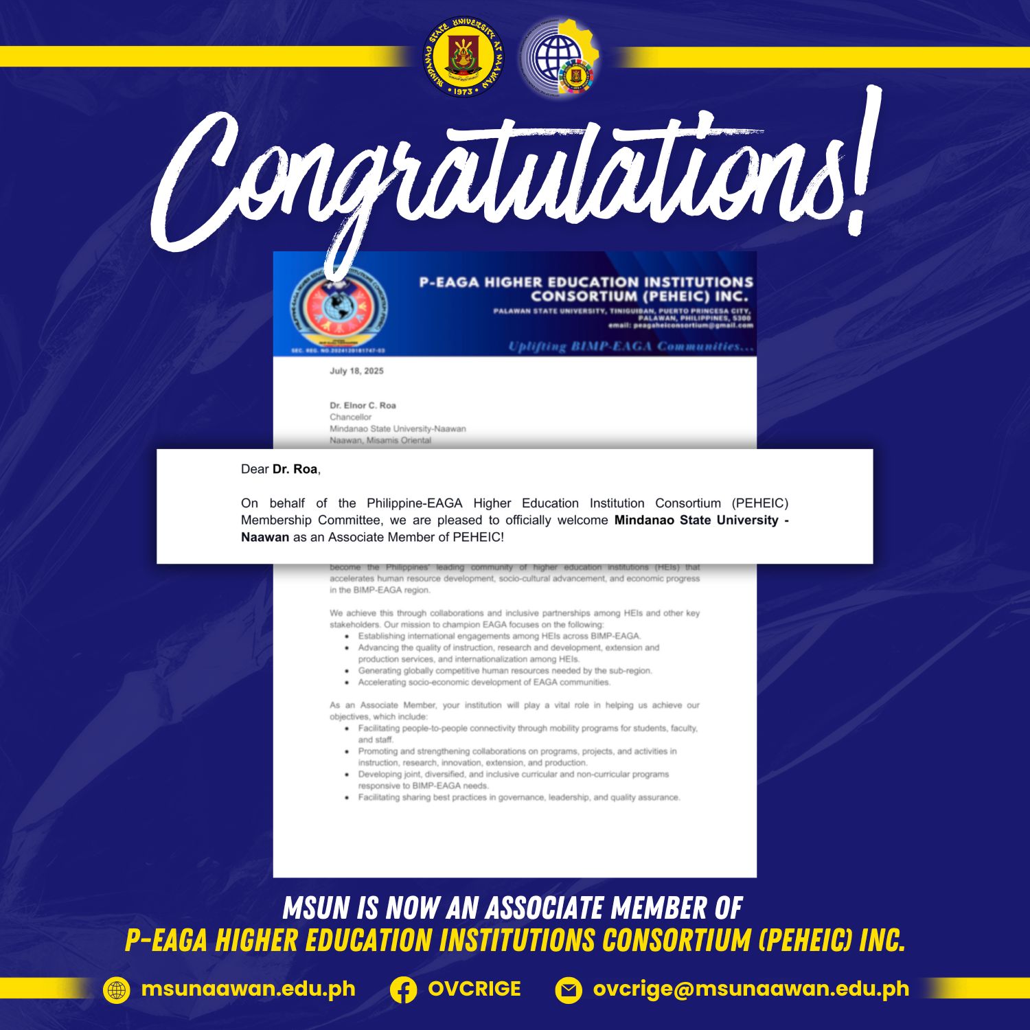 MSUN is now an Associate Member of P-EAGA Higher Education Institutions Consortium (PEHEIC) Inc.