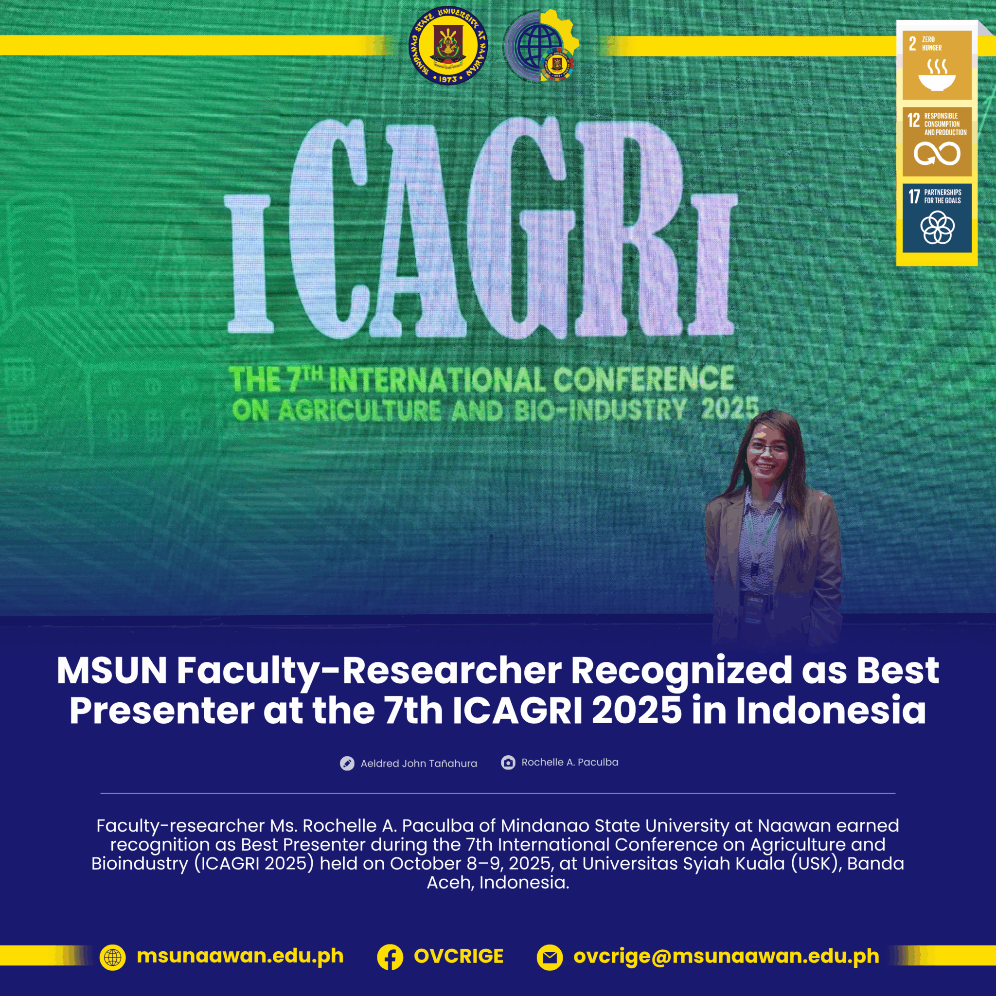 MSUN Faculty-Researcher Recognized as Best Presenter at the 7th ICAGRI 2025 in Indonesia