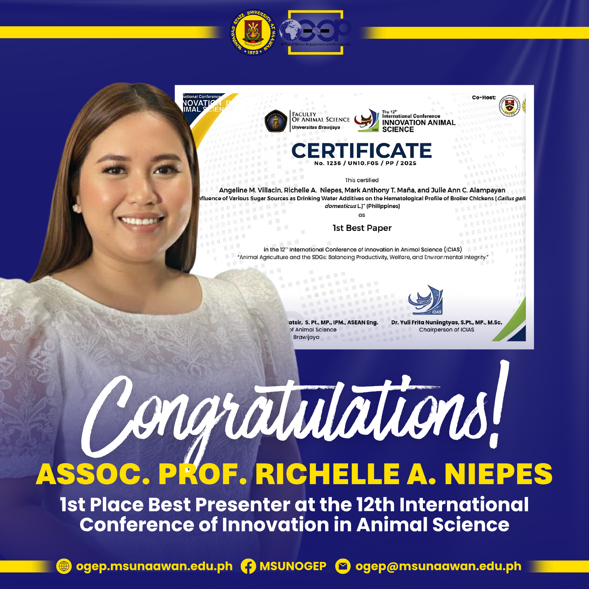 Faculty Researcher Wins Best Presenter at 12th International Animal Science Conference