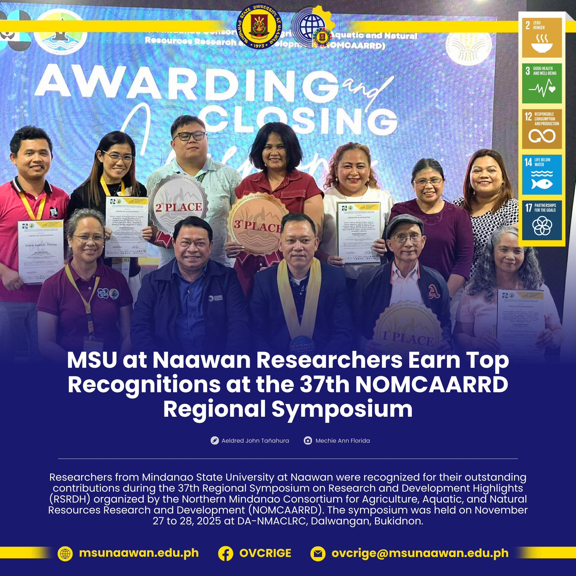 MSU at Naawan Researchers Earn Top Recognitions at the 37th NOMCAARRD Regional Symposium