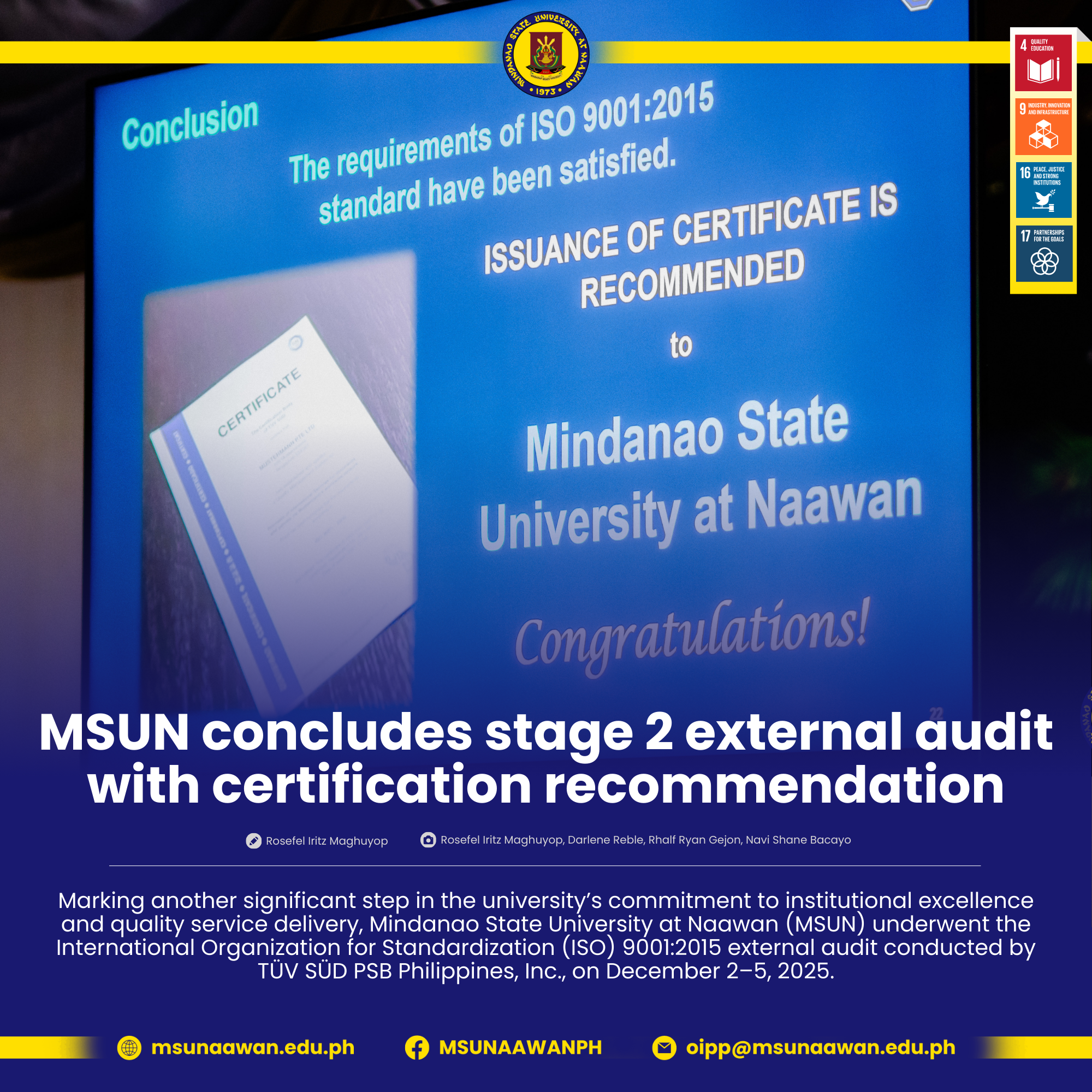 MSUN concludes stage 2 external audit with certification recommendation