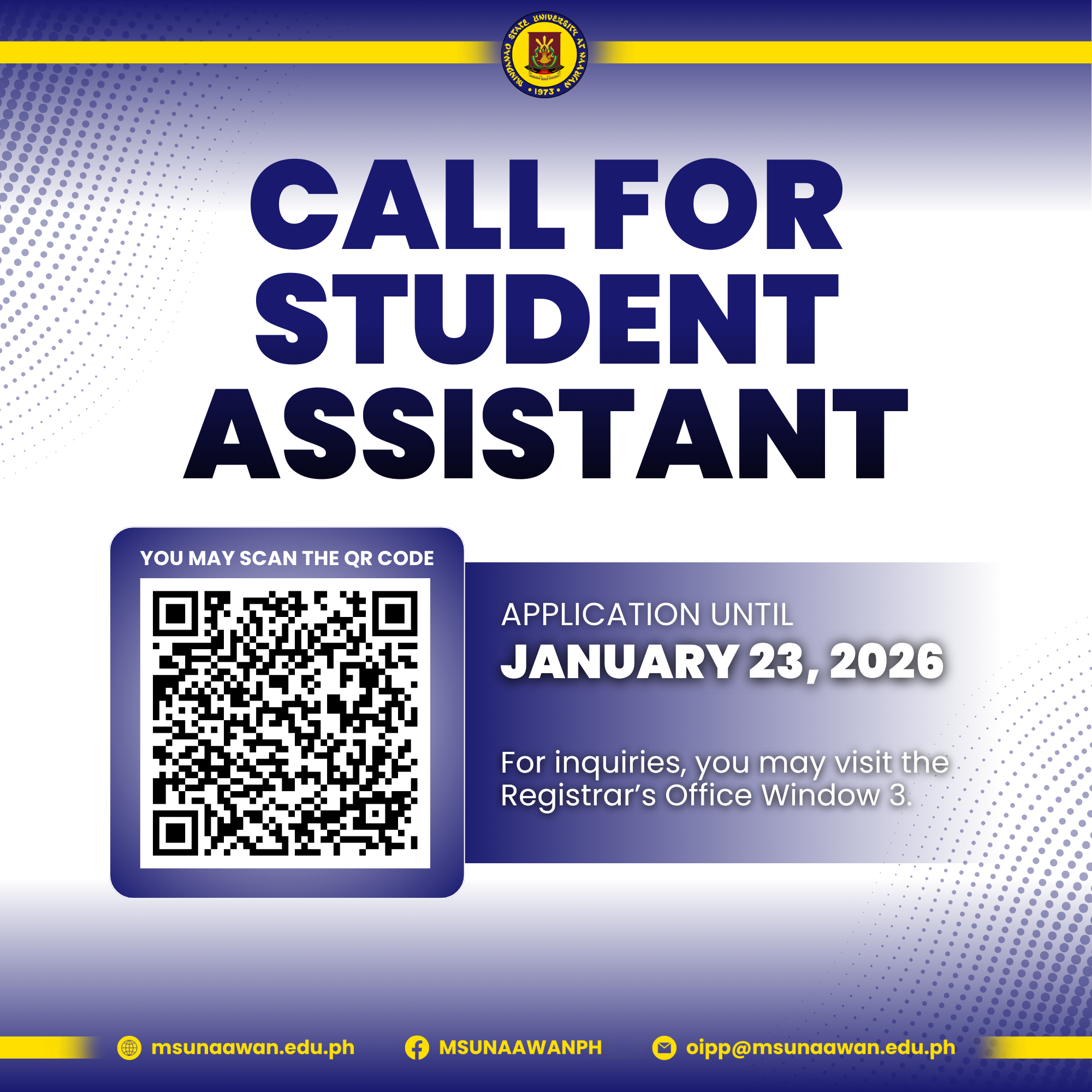 EYES HERE: CALL FOR STUDENT ASSISTANT | 2nd semester, SY 2025-2026