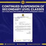 Continued Suspension for Secondary Level Classes due to bad weather caused by Tropical Depression Verbena