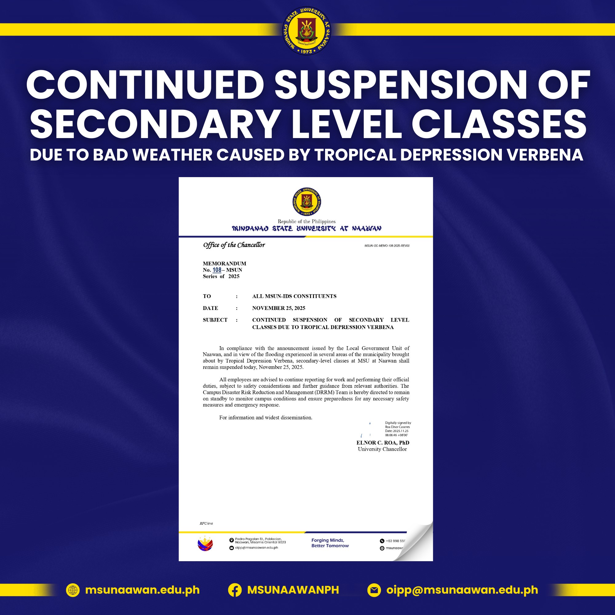 Continued Suspension for Secondary Level Classes due to bad weather caused by Tropical Depression Verbena