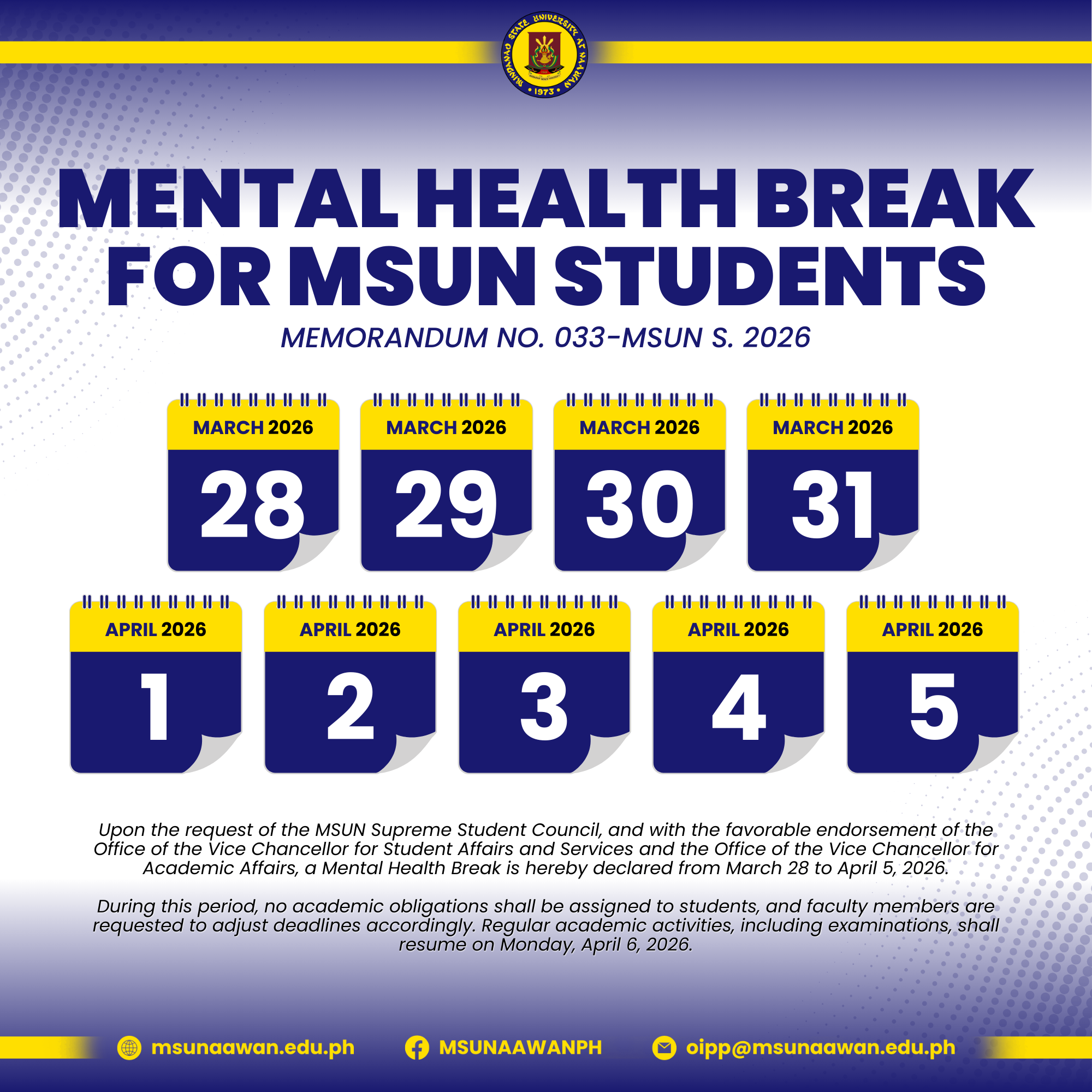 Mental Health Break for MSUN students as per Memo 033-MSUN, s. 2026