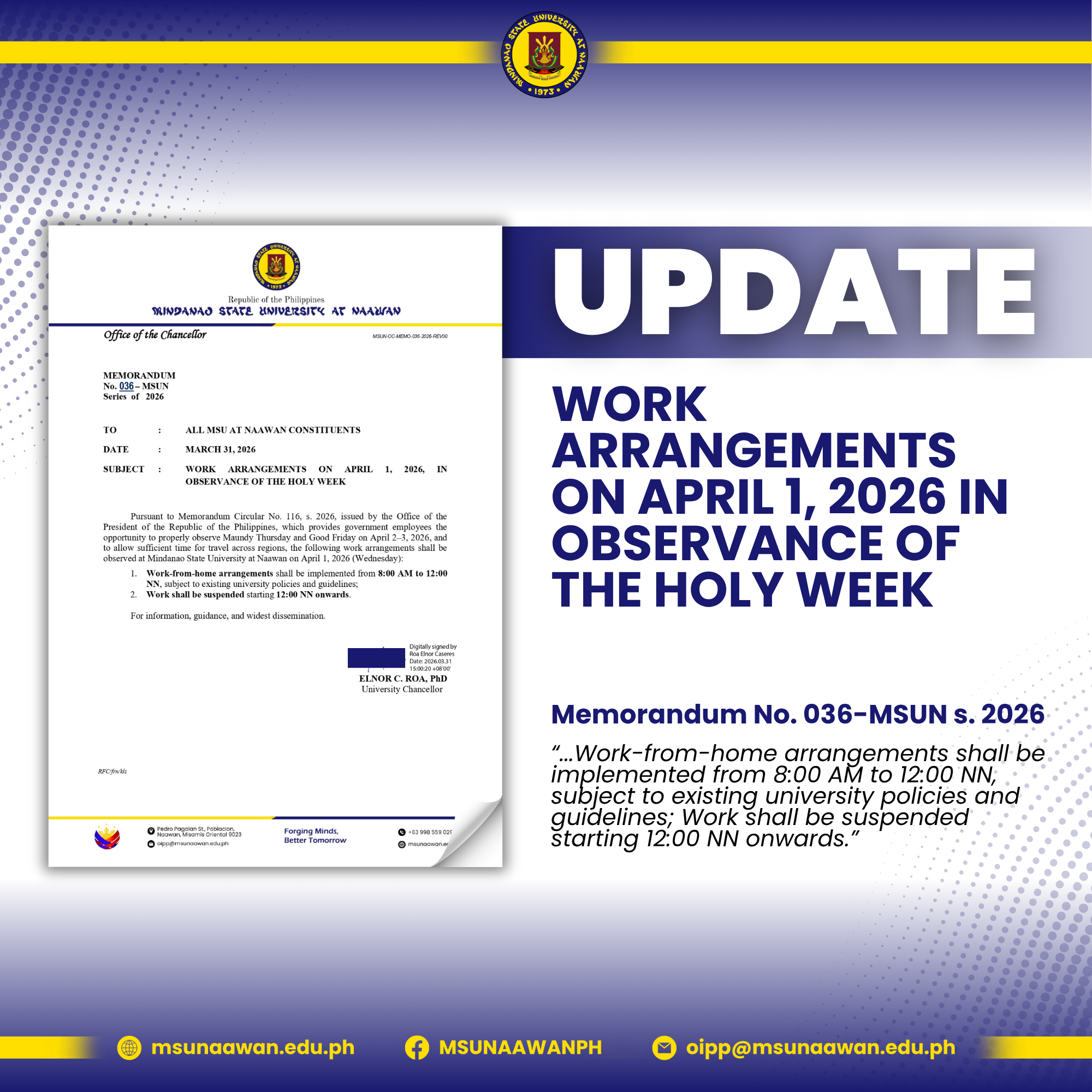 𝗪𝗢𝗥𝗞 𝗔𝗥𝗥𝗔𝗡𝗚𝗘𝗠𝗘𝗡𝗧𝗦 𝗢𝗡 𝗔𝗣𝗥𝗜𝗟 𝟭, 𝟮𝟬𝟮𝟲, 𝗜𝗡 𝗢𝗕𝗦𝗘𝗥𝗩𝗔𝗡𝗖𝗘 𝗢𝗙 𝗧𝗛𝗘 𝗛𝗢𝗟𝗬 𝗪𝗘𝗘𝗞