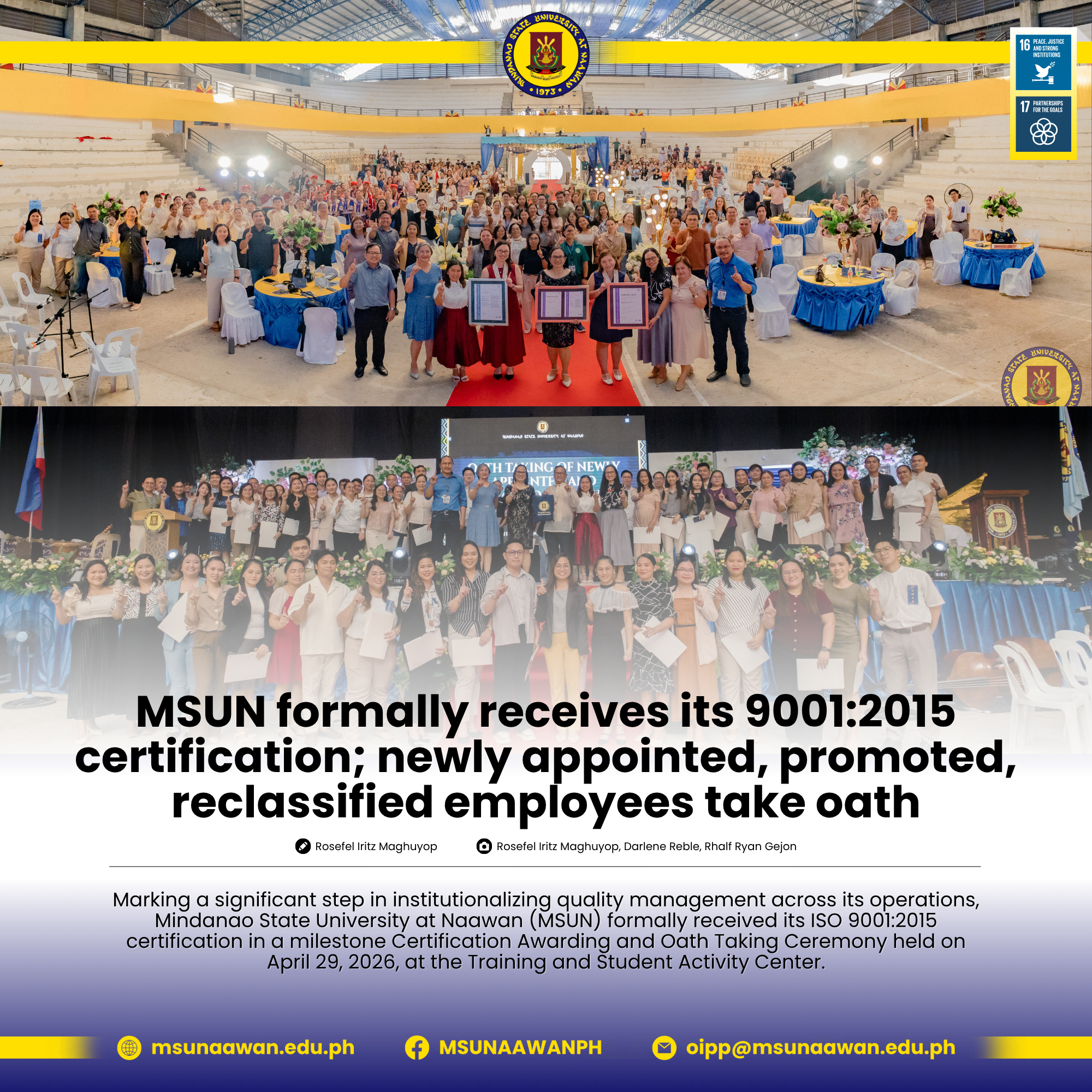 MSUN formally receives its 9001:2015 certification; newly appointed, promoted, reclassified employees take oath 