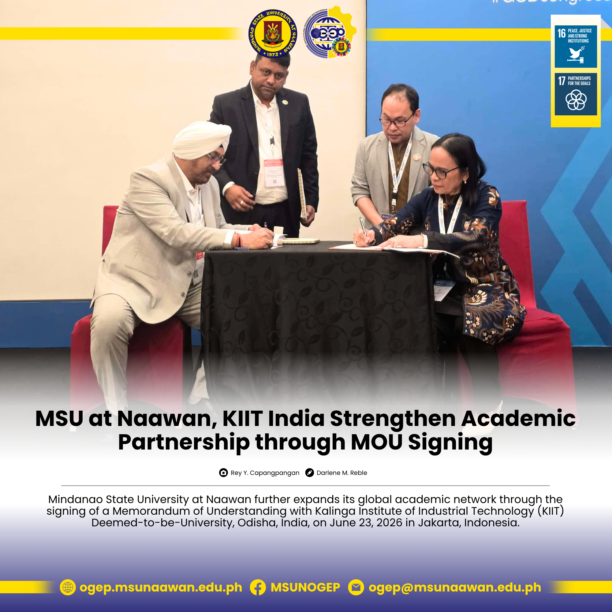 MSU at Naawan, KIIT India Strengthen Academic Partnership through MOU Signing