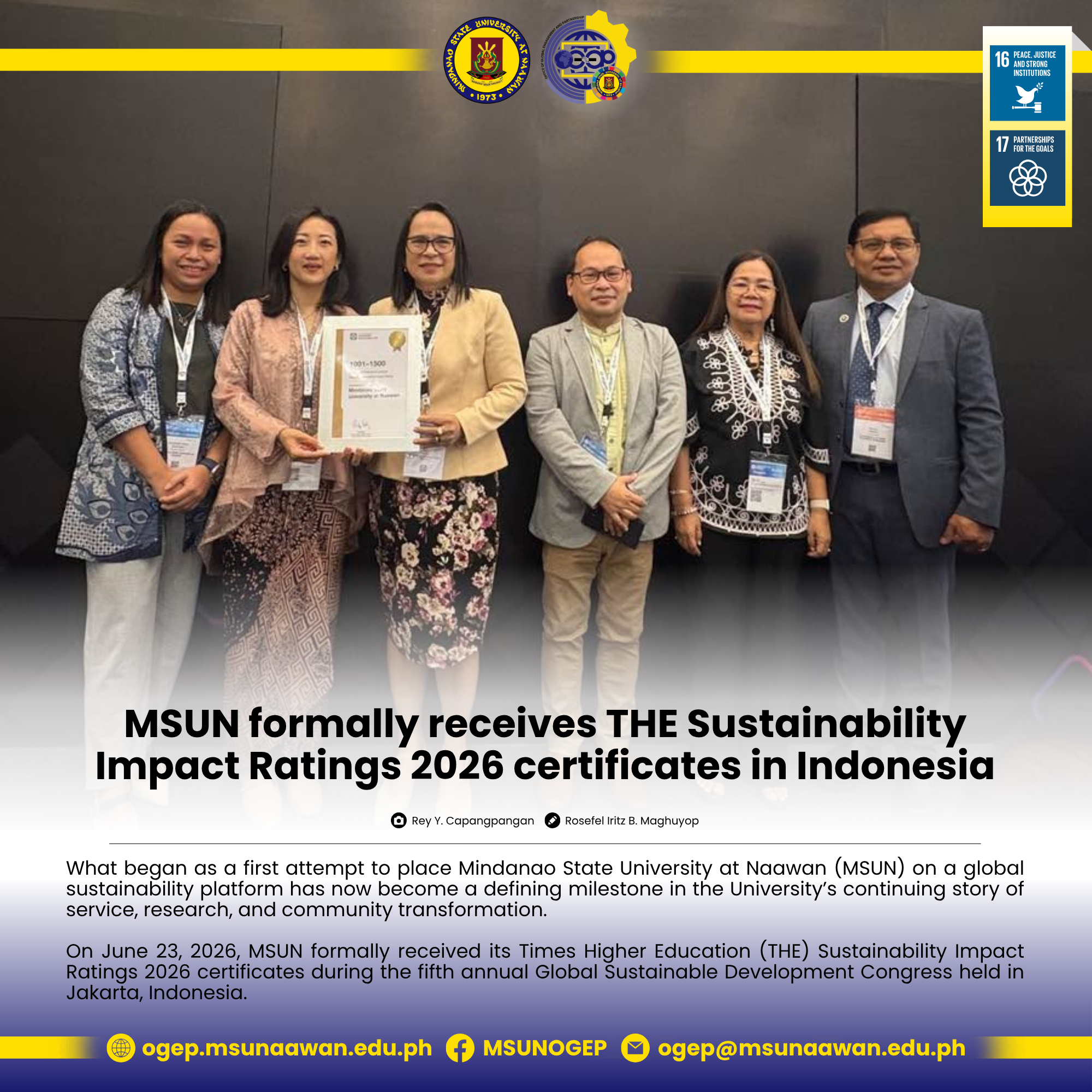 MSUN formally receives THE Sustainability Impact Ratings 2026 certificates in Indonesia